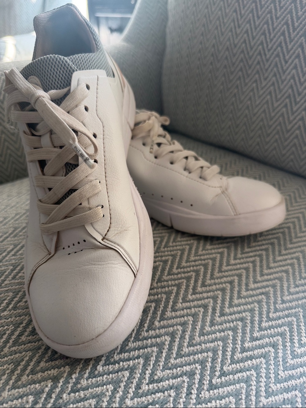 On Running Women's White Sneakers with Light Pink Lining and green trim. - Picture 4 of 5